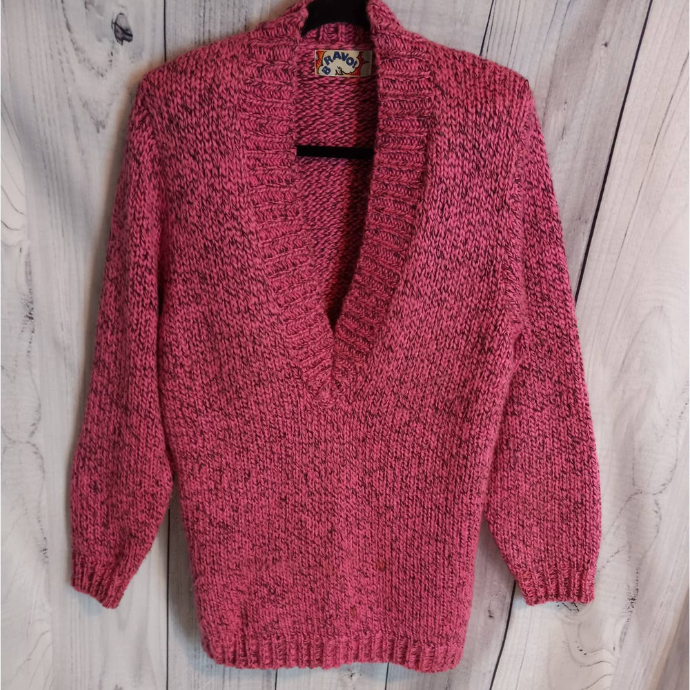 Bravo! | Oversized Chunky Vintage 80s/90s Marled Hot Pink & Black V-Neck Sweater